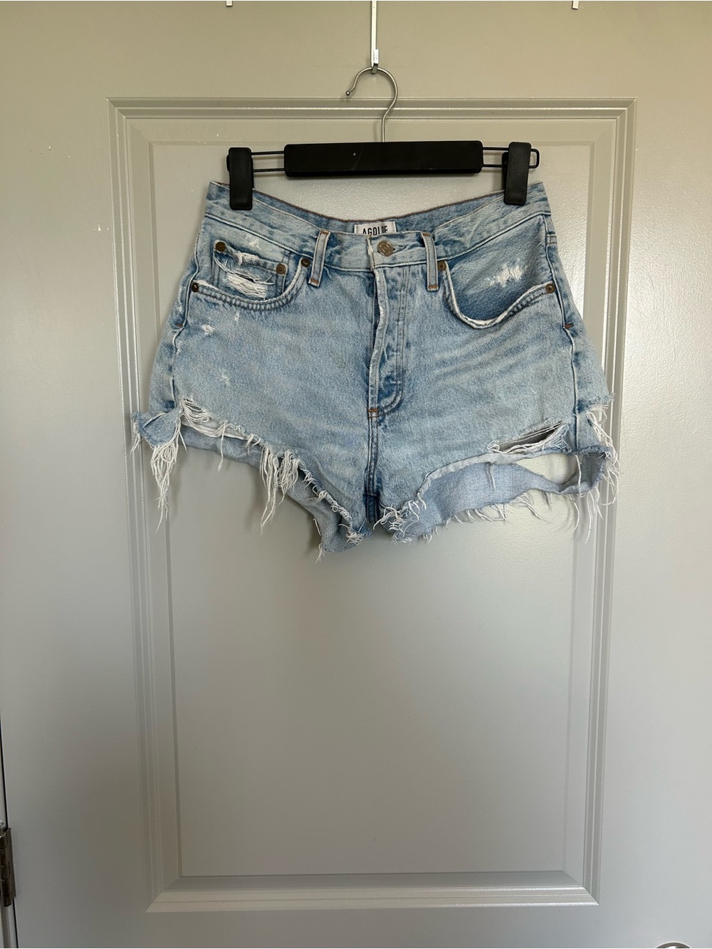 Agolde Light Wash Frayed Very Distressed Denim Cutoff Shorts
